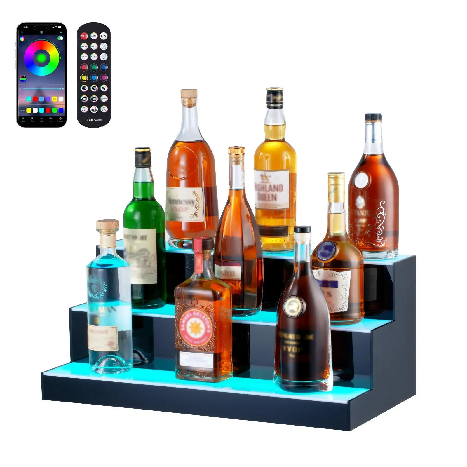 【Summerfinds】VEVOR Translucent LED Acrylic Resin Wine Bottle Rack Display Shelf - 3-Tier 24-in, Waterproof 110-240v Power Adapter, RF Remote & App Control Multicolor LED Lights with Music-Sync Modes, for Indoor Live Parties, Modern Home Bars