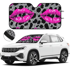 Car Window Sun Shade Foldable with Suction Cups, Pink Lips and Leopard Print Design, Blocks Sun Glare for Windshield, Front/Rear Windows, UV Protection for Summer Driving, Parking, Road Trips