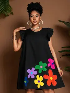 Women's Black Floral Print A-Line Round Neck Flounce Sleeve Casual Night Out Dress, Plus Size Knee-Length, Minimalist Daily Wear, New Arrival - Fit, Fabric