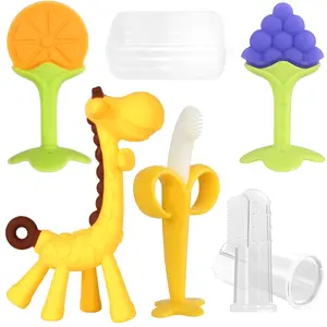 Banana Teether & Toothbrush Set - BPA-Free Silicone for Infants 0-12 Months with Giraffe Design & Storage Case