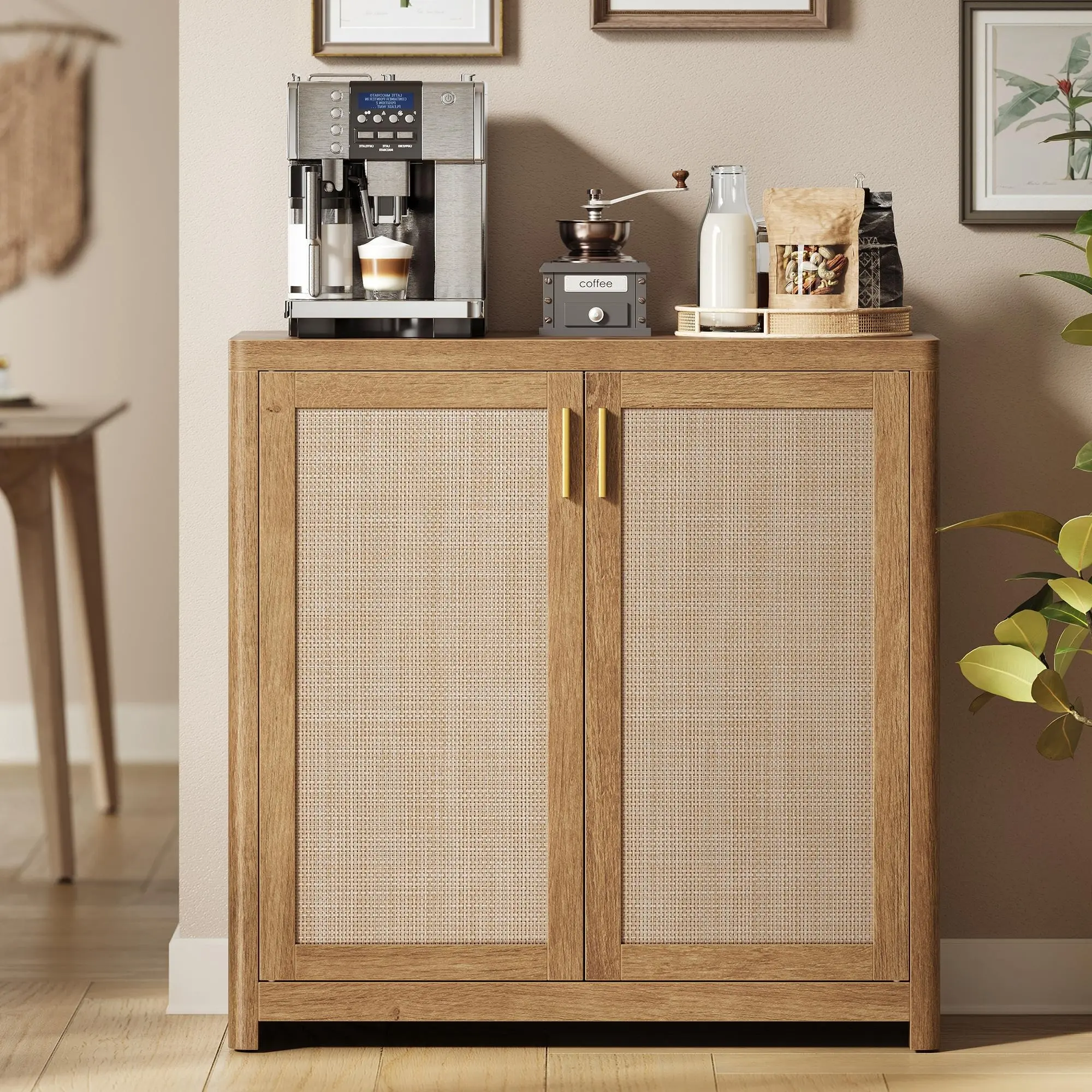 ASAGLE ELLAN Collection - Boho Buffet Cabinet with Rattan-Look Doors, Sideboard Storage Cabinet, Rounded Corners, Adjustable Shelf, for Kitchen