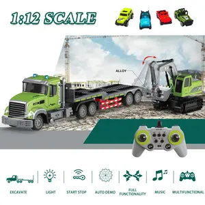 RC Semi Truck & Excavator Toy Set,1:12 RC Semi-Trailer Truck with Sound and Lights,2.4Ghz Remote Control Flatbed Truck with Green Excavator Toys remoto