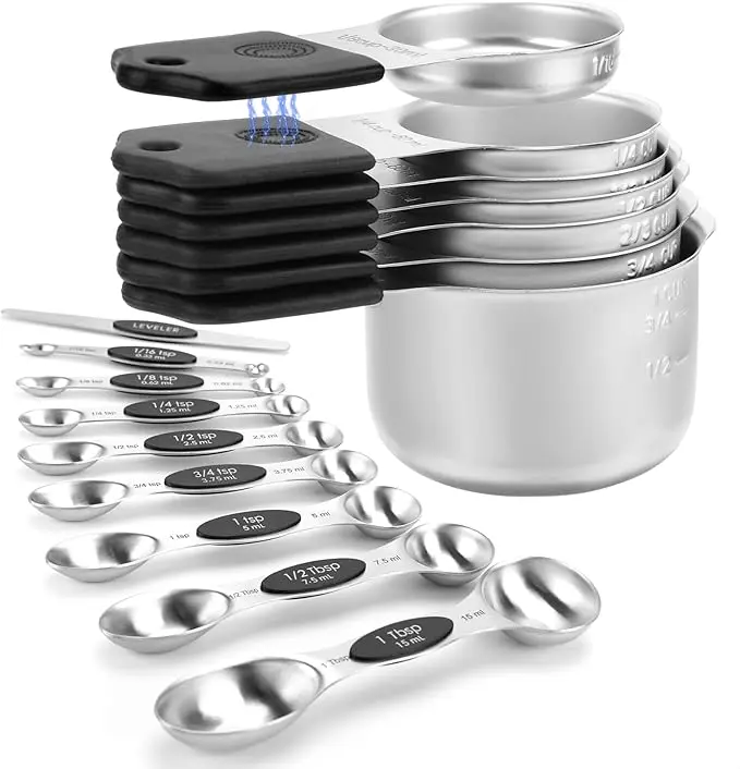 16-piece black magnetic stainless steel measuring cup and spoon set for home baking/cooking—convenient storage, space-saving design, precise measurement of solids, liquids, and spices; a complete toolset for accurate measurements. Kitchen Utensils