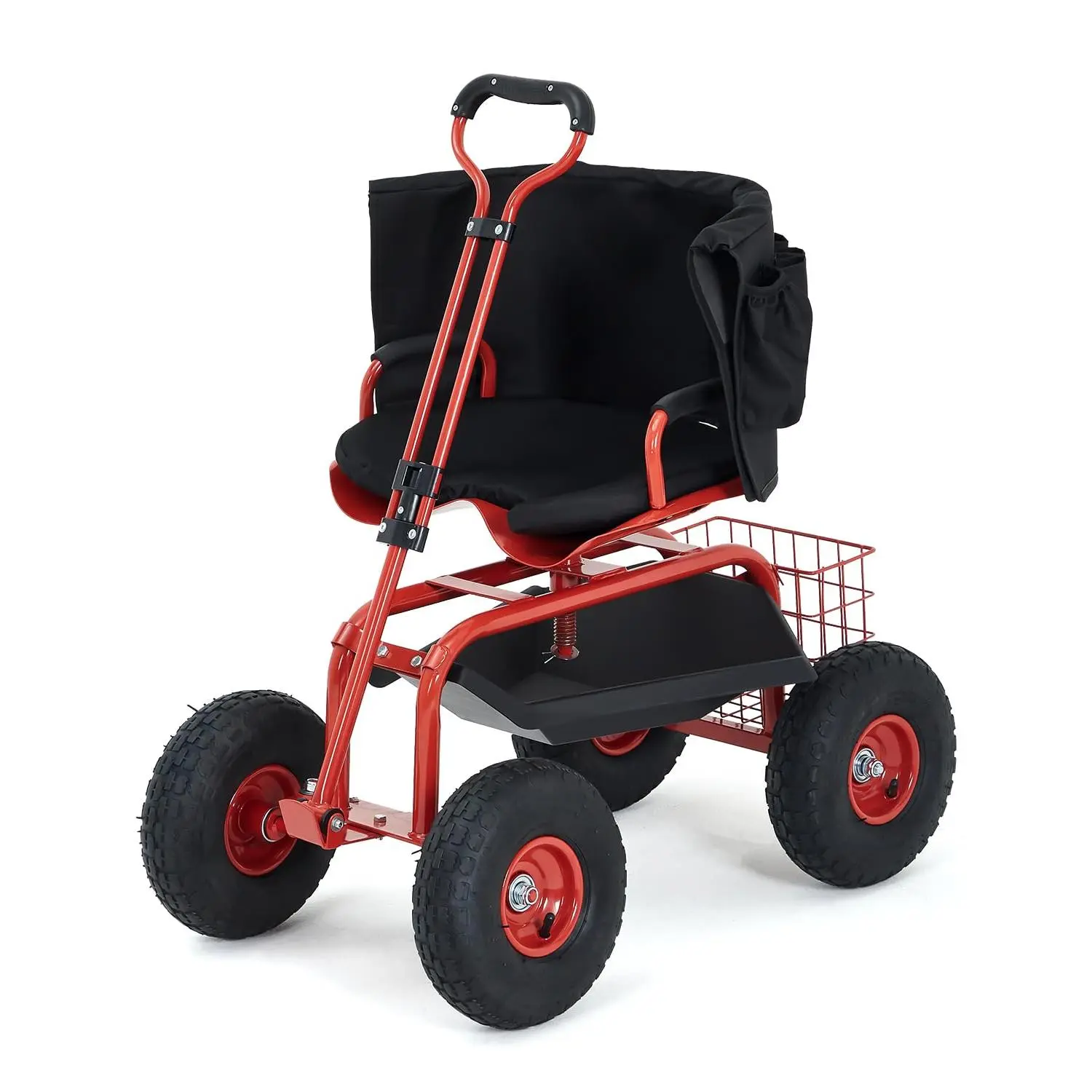 Heavy Duty Rolling Garden Cart Work Seat – 360° Swivel Adjustable Stool, Extendable Handle, 10" Inflatable Tires, Storage Tray & Basket, Reinforced Steel Double Frame with Backrest & Armrest – Red