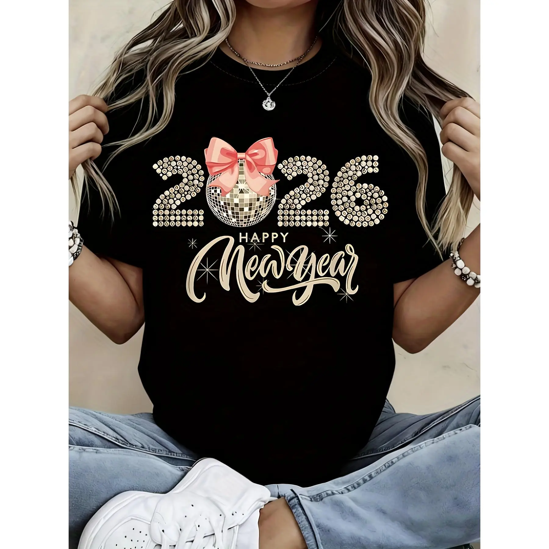 2026 New Year's Eve Party Women's T-Shirt - Shiny Rhinestone Happy New Year Top, Pink Bow and Disco Ball Pattern, Black Casual Summer T-Shirt, Suitable for New Year Celebrations and Festive Outfits, Durable Print Quality, Crew Neck Shirt