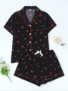 Women's Cute Cherry Print Short Sleeve Pajama, Pajamas Loungewear, Casual Comfortable Pocket Lapel Shirt & Elastic Waist Shorts PJ Set, Ladies Sleepwear for All Seasons, Loungewear, Shorts Pyjama Set
