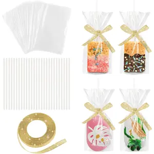 50 Pack Rice Krispy Treats Bag with Sticks Kit: Clear Plastic Container for Small Cakesicles, Marshmallow Square, Cake Pop, Crispy Treat Packaging Holder with Gold Ribbon for Wedding Party Christmas