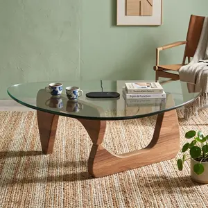 Triangular Glass Coffee Table with Wooden Base, Modern Abstract Accent Table for Living Room, Study, Office & Hotel Balcony, Versatile Walnut Black Tea Table
