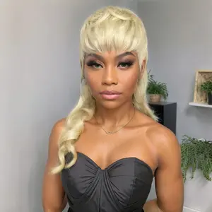 Elegant Blonde Pixie Cut Wig with Bangs - Long Deep Wave Synthetic Hair for Women, High Density 150%, Rose Net Cap, Perfect for Party, Daily & Festival Wear, Beginner-Friendly, Party Hairpiece, Festival Attire, Sophisticated Style, Secure Fit Wig