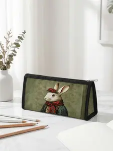 Vintage Floral Rabbit Pattern Easter Limited Edition Pencil Case, Triangular Capacity Portable Size, Student School Office Storage