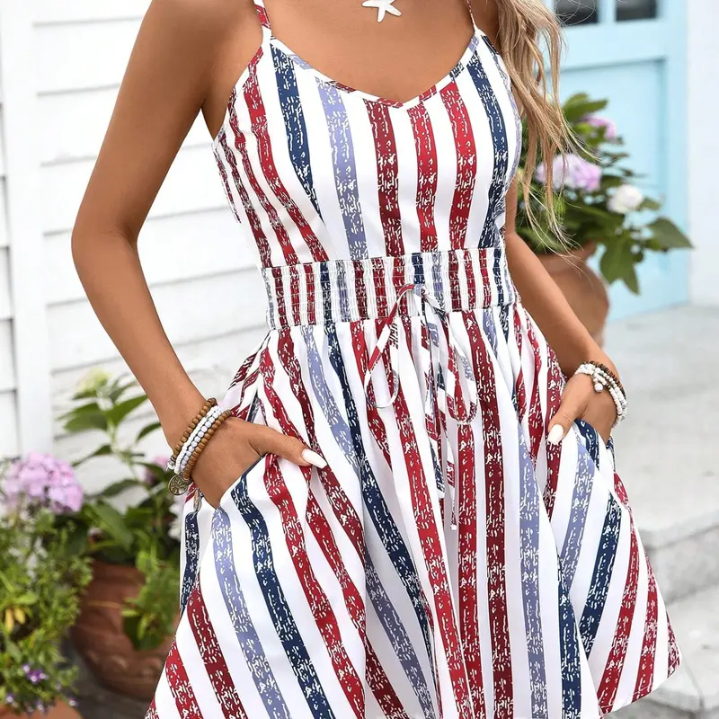 Women's Summer Casual Chic Striped Halter One-Piece Dress Jumpsuit, Lightweight Comfortable Style Perfect for Back-to-School Season and Vacation Wear