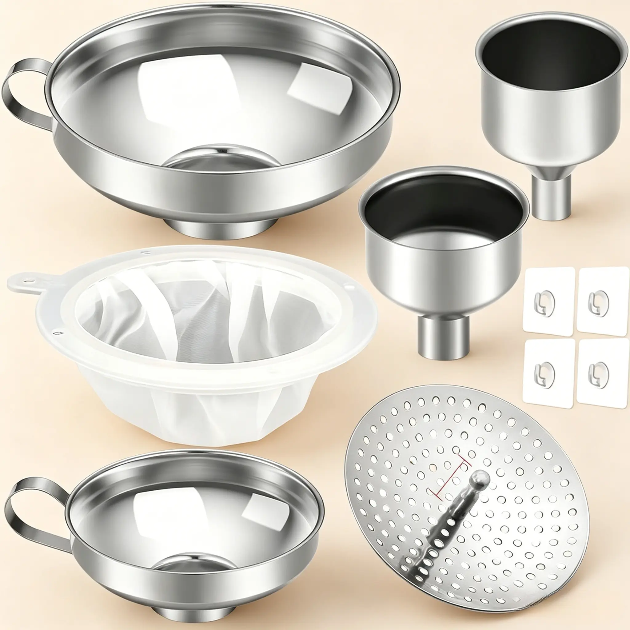 10-Pcs Stainless Steel Kitchen Wide-Mouth Funnels Set with Handles, Mesh Sieves, Colanders, Reusable Oil Filter, Adhesive Hooks, Dishwasher-Safe Utensils for Space-Saving Home Organization Utensils Nylon Strainer