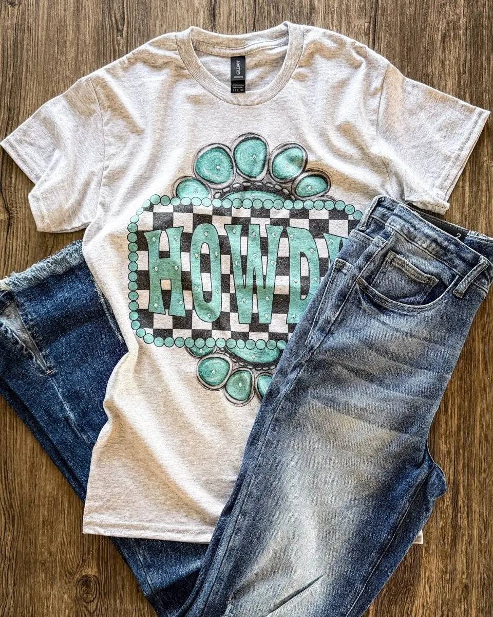 Turquoise Check Rhinestone Howdy Tee in Gray