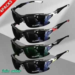 4-Pack Unisex Outdoor Polarized Sports Glasses with Polarised Lens, Windproof Square Rhinestone Vintage Thin Horn Rimmed, Blue Light Blocking Anti-Eyestrain for Running, Driving