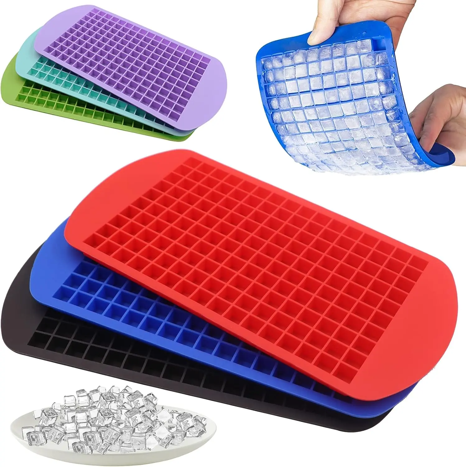 Set of 3 Silicone Mini Ice Cube Trays, featuring 160 molds for crushed ice cubes that easily release. Perfect for chilling whiskey or cocktails, these stackable ice trays are essential kitchen gadgets and specialty tools for your freezer