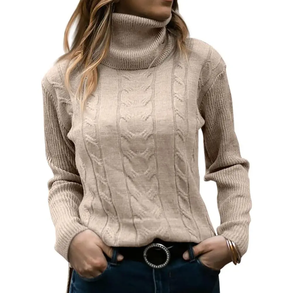 Saodimallsu Women's Turtleneck Cable Knit Pullover Sweater, Long Sleeve Stretchy Slim Fit Top for Fall Winter, Fabric, Knitting, Knitwear, Fitted, Longsleeves