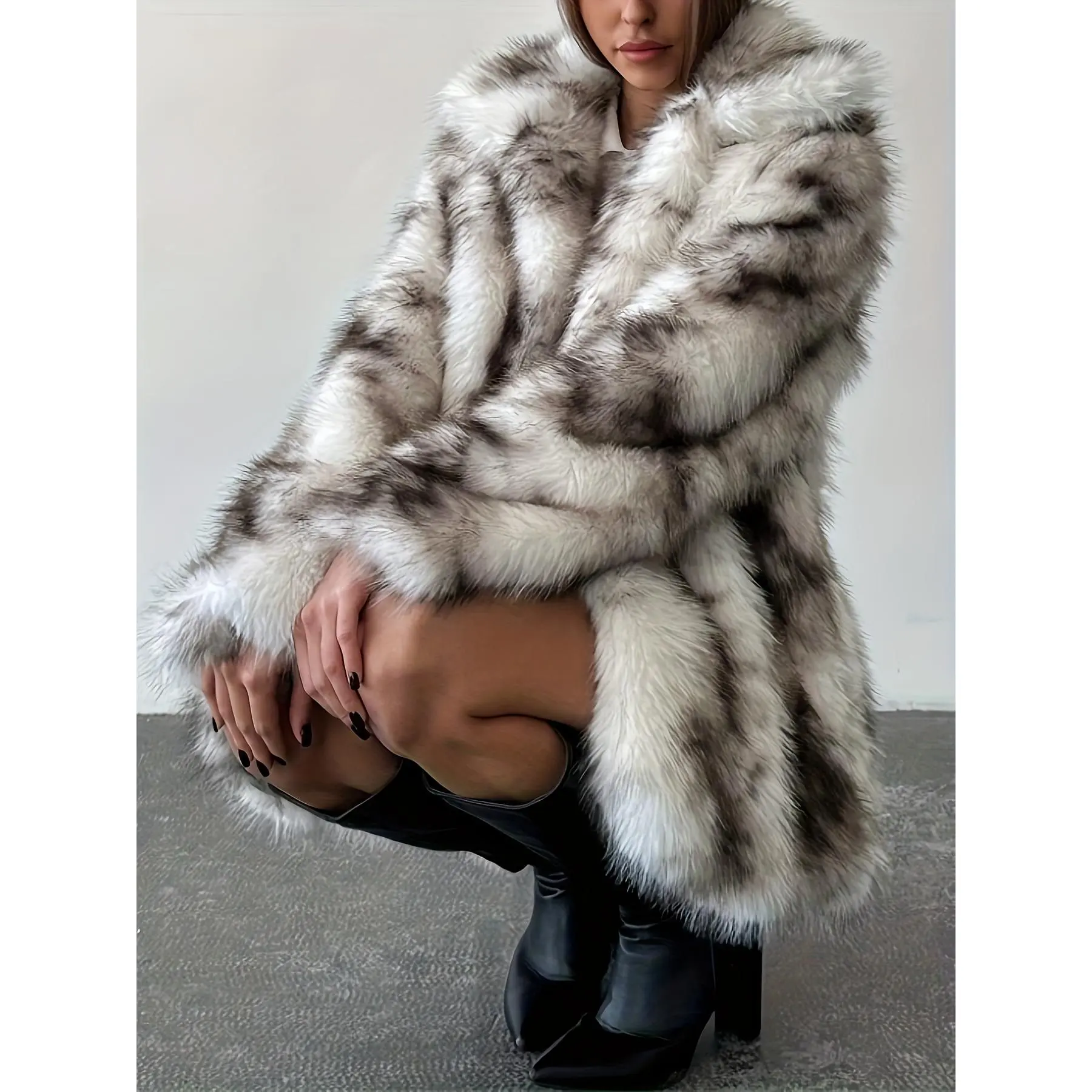 Women's Regular Fit Polyester Faux Fur Woven Jacket - Elegant Tie-Dye Coats with Long Sleeves, Plush Fox-Like Collar, Placket, Machine Washable, Do Not Dry Clean
