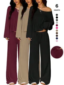 Women's 2 Piece Matching Lounge Set, off the Shoulder Long Sleeve Top, Drawstring Adjustable Wide Leg Pants, Casual Sweatsuit Fit, All Seasons Womenswear Loungewear, Loose Fitting Sleepwear