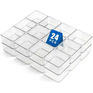 24 count Small Drawer Organizer BinsSet, Stackable Drawer Divider Trays for Makeup , Bathroom, Office Desk, Straight Sides Tray  for Craft Supplies,