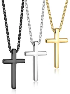 Easter Basket Stuffers - 2 Pcs/3 Pcs Cross Necklace for Men, Silver Black Gold Cross Chain Stainless Steel Cross Pendant Jewelry Gifts for Boys Men 16-30 Inches