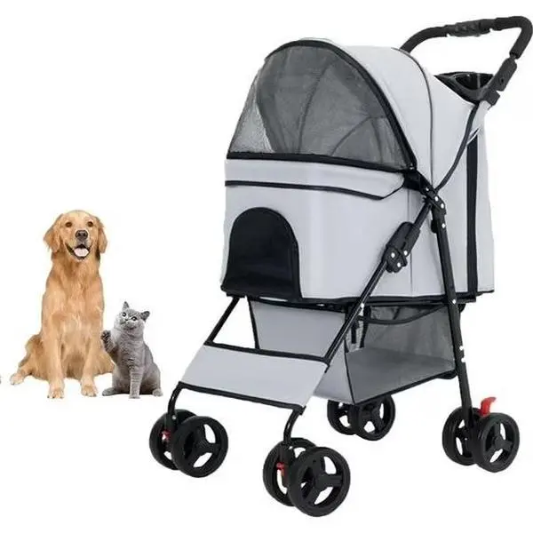 Pawzseek Premium Foldable Puppy & Small Dog/Cat Stroller-Carrier, Waterproof Cover, Large Storage Basket, Removable Ventilated Mesh Panel, Cup Holder, Puppy Stroller