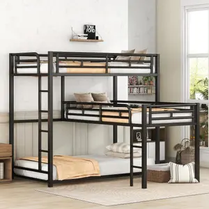 Bellemave L-Shaped Metal Triple Twin-Size Bunk Bed with Safety Rails, Black Indoor Quick-Setup Space-Saving Bedroom Metal Bed Frame, Metal Bed Frames