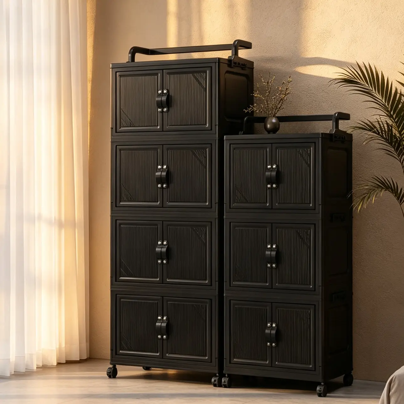 2-5 Tier Black Large Capacity Stackable Storage Bins, Collapsible Multipurpose Plastic Organizer Cabinet with Lids, Space-Saving Storage Shelves for Pantry, Closet, Bedroom, Living Room, Organization and Storage Essentials for Home
