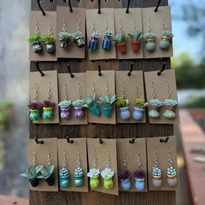Bulk $5 Plant Pot Earrings - Variety of Colorful Succulent and Flower Designs on Display