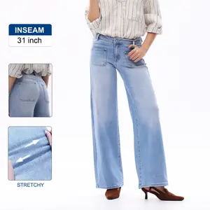 [NEW COLLECTION] Mid Waist Front Pocket Design Wide Leg Jeans High Stretch Comfortable Denim Pants