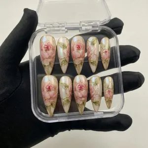 Ethereal Peony Stained Glass Press On Nails, Luxury Floral Nails, Gold Outline Botanical Nail Art, Elegant Bridal Press On Nails