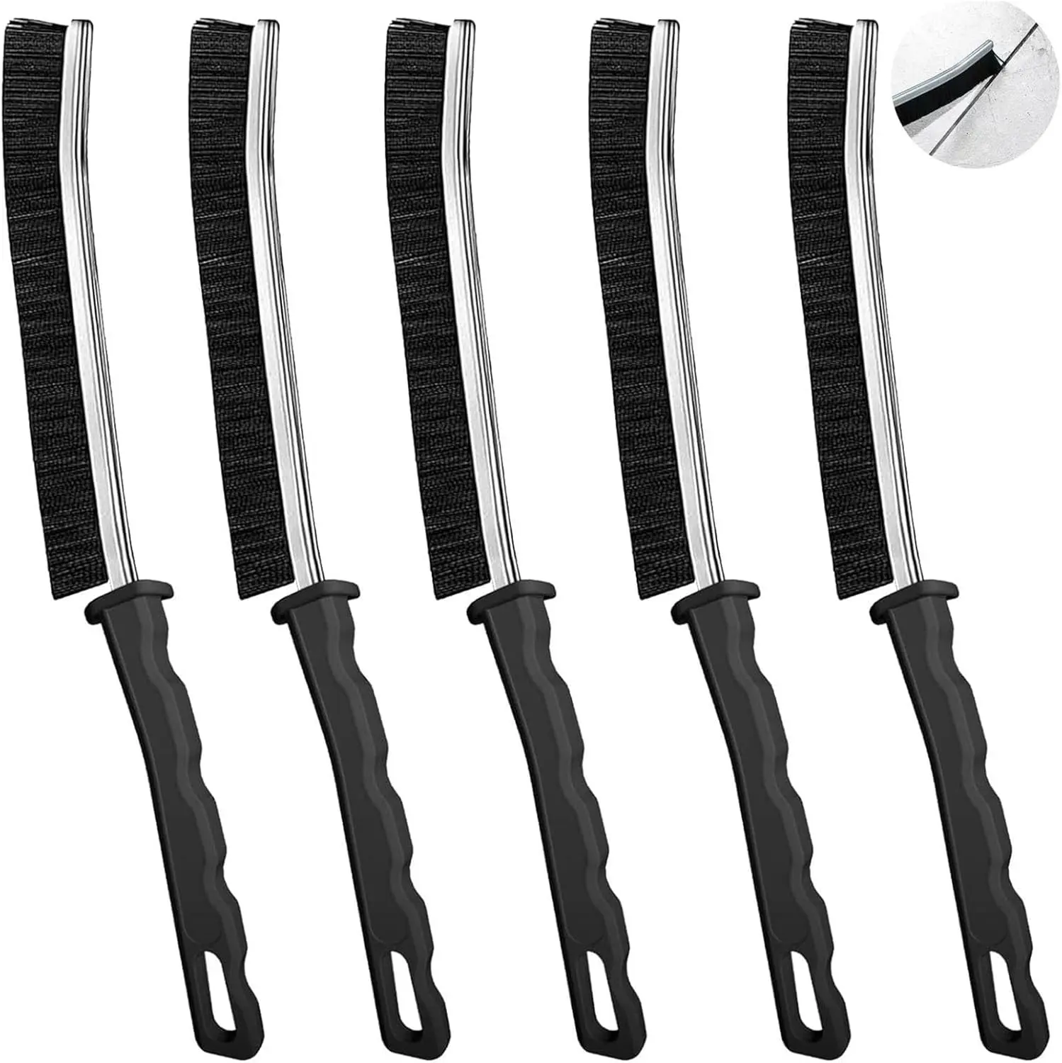 5PCS Compact Curved Head Nylon Hard Bristle Crevice Brush Set, Multi-Purpose Hand Tool with Ergonomic Grip for Home Kitchen Vehicle Cleaning
