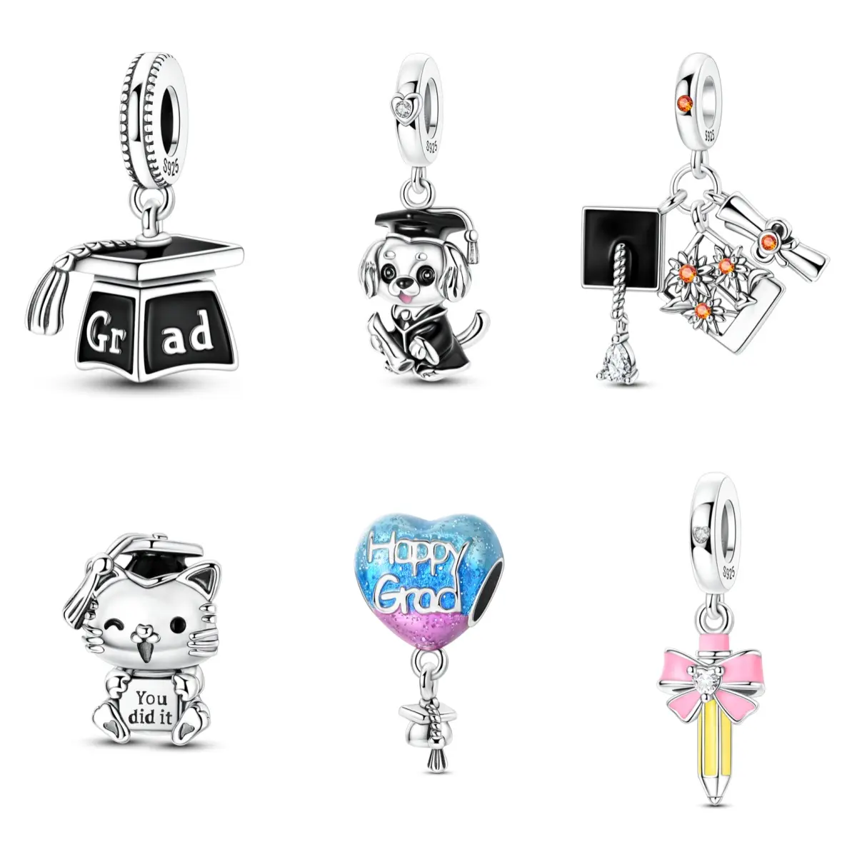 MULA 925 Silver-Plated Charm Pendant, Hand-Painted Dangle with Animal, Pencil & Heart Designs, Durable & Basic for Daily Wear, Graduation Gift Fits Pandora Bracelets