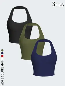3 PCS Halter Neck Crop Tops for Women, Y2K Aesthetic Sleeveless U-Neck Basic Cami Tops,Casual Solid Color Going Out Tops 2026,Summer, Beach, Club, Party, Workout, Daily Wear, Trendy Minimalist Basic Tees for Teen Girls, Gen Z Fashion