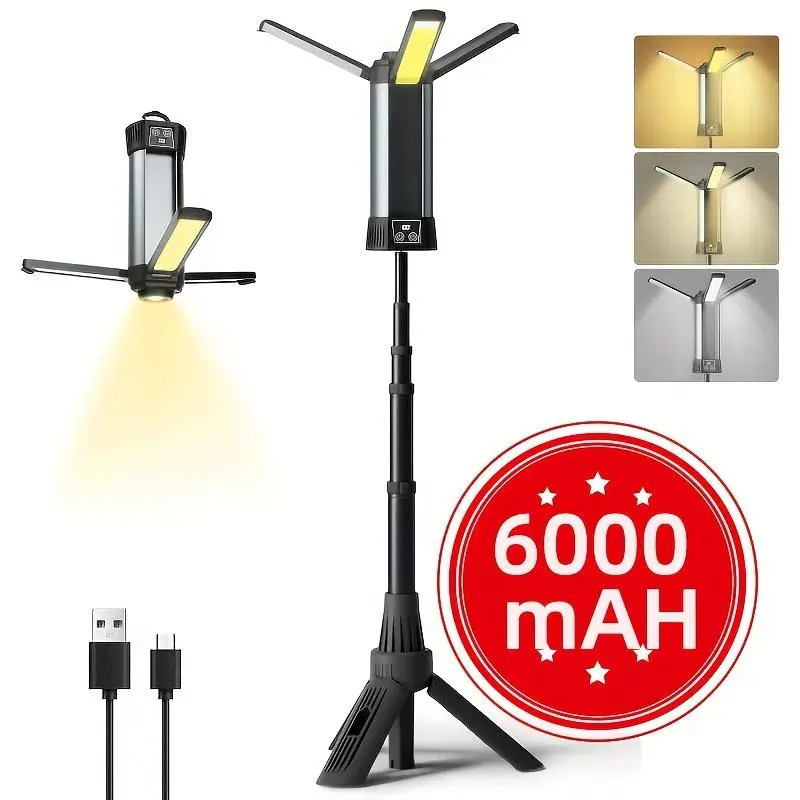 10 Light Modes Flashlight, Camping Light, Courtyard Light, Rechargeable LED Work Light with Tripod. 3 height adjustments, suitable for outdoor activities, courtyard lighting, and emergency situations