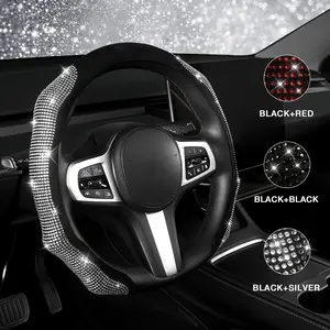 AUTOYOUTH Diamond Bling Car Steering Wheel Cover with Crystal Rhinestones, Soft Flannel Non-Slip Modern Design, Enhanced Grip, Universal Fit 14.5-15 Inch for Women, Car Interior Accessories, Holiday Gift