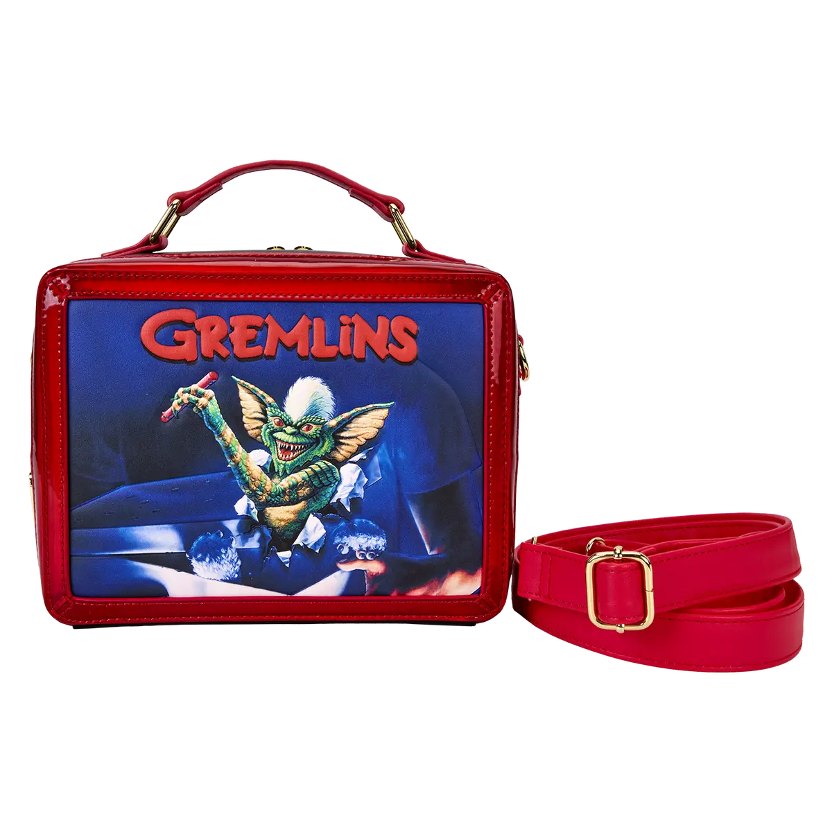 Loungefly Gremlins 40th Anniversary Cartoon Movie Crossbody Bag, Vintage Faux Leather Lunchbox with Graphic Print and Detachable Strap, Lounge Fly
