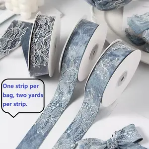 2 yards sequined lace denim ribbon, suitable for DIY bows, sequined denim hair accessories, tie-dye and embroidered denim ribbons, bud-edge packaging tapes. Can be used for clothing lace, hair accessories and decorations.