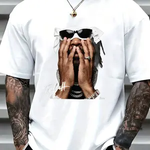 Urban Streetwear Oversized Graphic Tee - 100% Premium Cotton, Soft & Breathable Summer Top with Bold Face Art Print and Gold Chain Detail, Relaxed Fit Hip Hop Style T-Shirt for Men Women