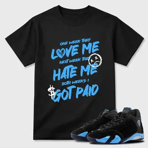 Unisex T-shirt To Match Sneakers Jordan 14 Black & University Blue - I Got Paid. 100% Cotton for Casual Wear. Comfortable Summer Unisex T-Shirt to match Jordan Sneaker. Streetwear Style. urban outfitters