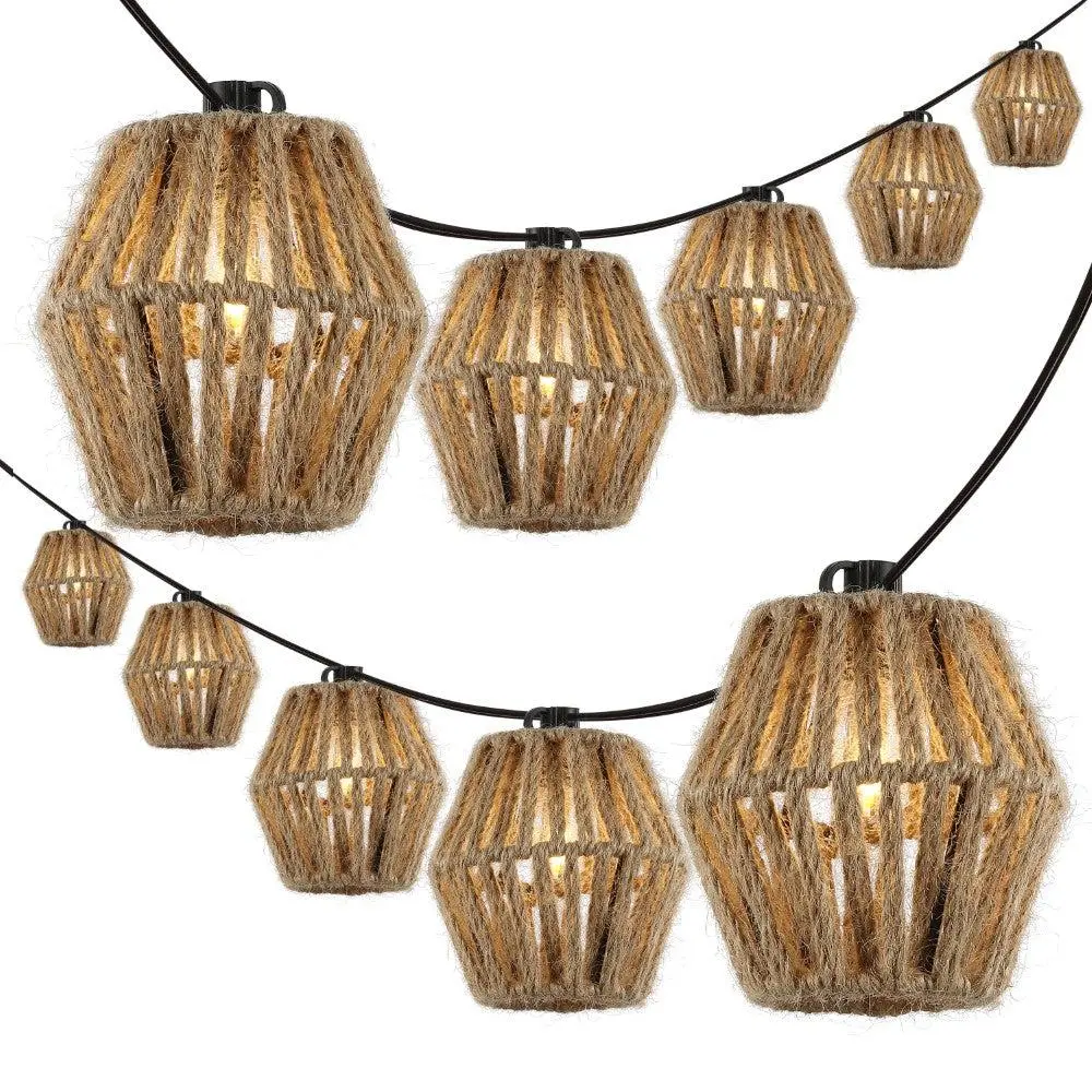 JONATHAN Y Samara 10-Light C7 Lantern String Lights, 10 ft. Cord Hemp Rope Shade, 6W Energy-Efficient LED Bulb, Rustic Mid-Century Classic, Indoor/Outdoor, Easy to Hang with Holiday Lighting Clips, Zip Ties, Suction Cups, Patio Decor for Entertaining