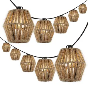 JONATHAN Y Samara 10-Light Indoor/Outdoor 10 ft. Mid-Century Classic Incandescent C7 Lantern Hemp Rope Shaded String Lights; for Living Room, Bedroom, Kitchen, Office