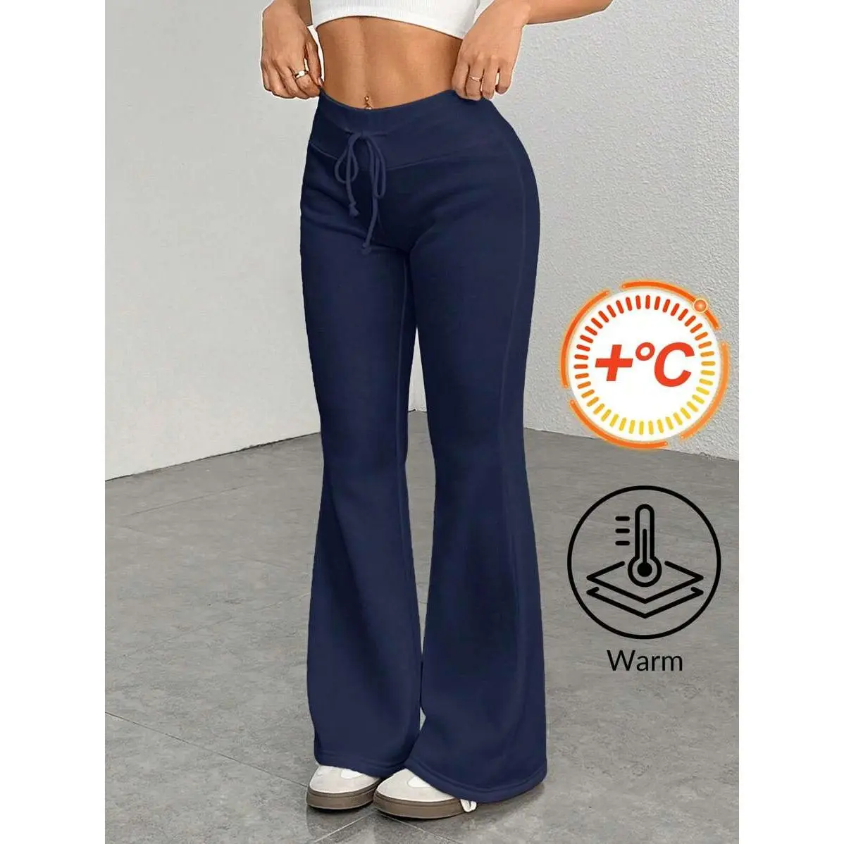 PETITE Casual Low-Waist Drawstring Waist Elastic Sports Pants Flared Pants Sweatpants Thermal Lined Composite Velvet Suitable For Autumn And Winter