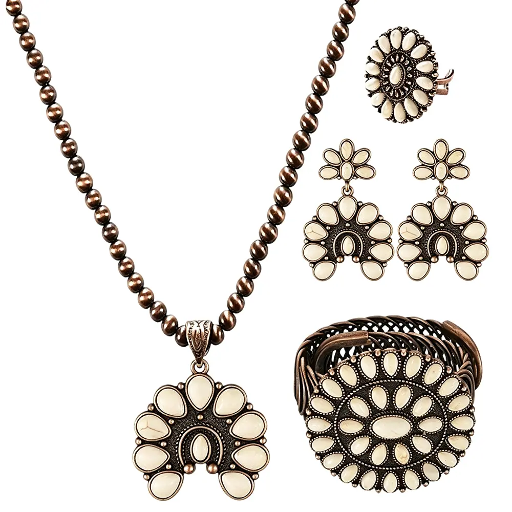 Women's 4-Piece Bohemian Jewelry Set - Bead Necklace, Earrings, Ring, Wide Bracelet - Bohemian Look Accessories for Daily Wear, Party Use
