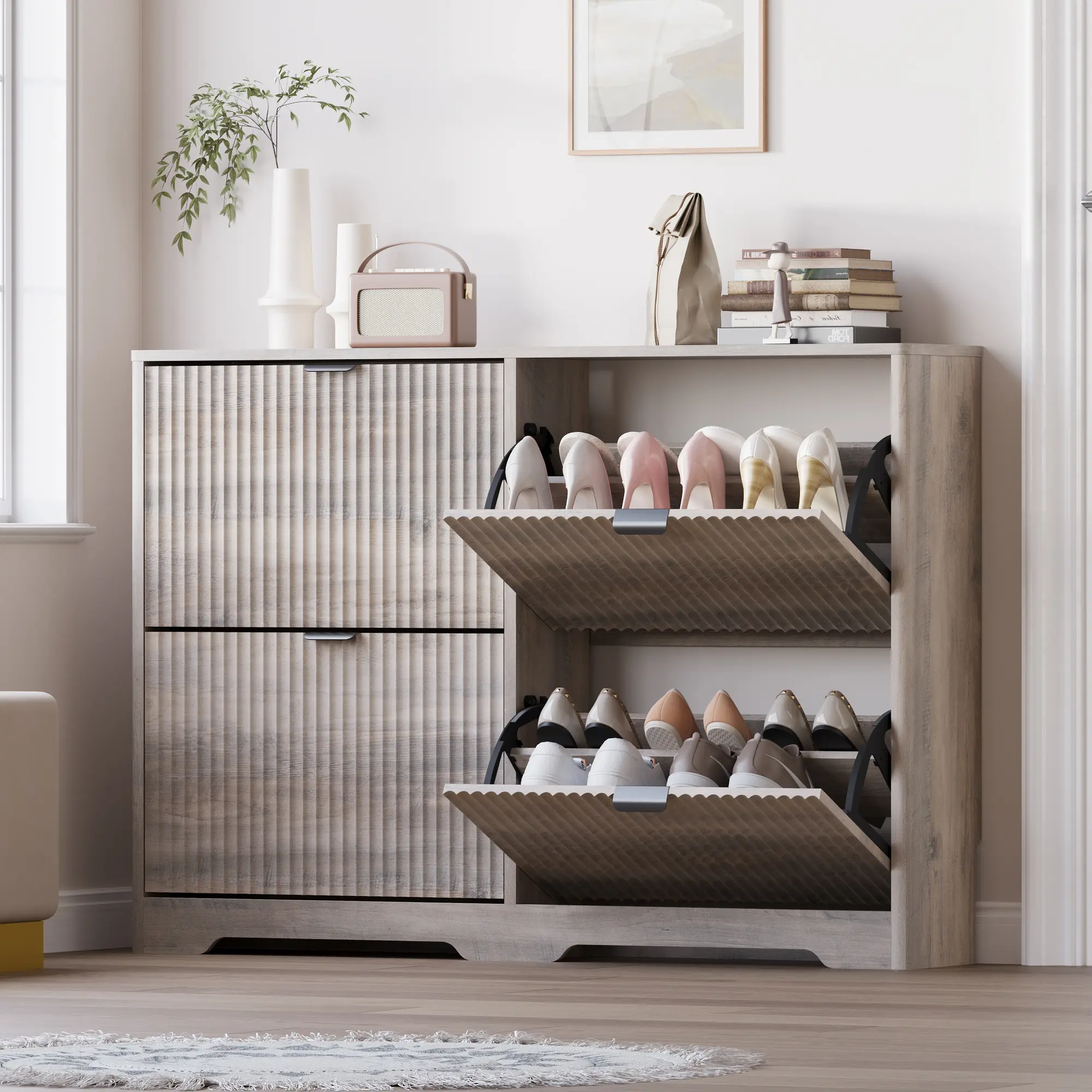 Shoe Cabinet Storage for Entryway with 4 Flip Drawers, Black Fluted Shoe Cabinet with Adjustable Shelves, Wooden Hidden Shoes Rack Freestanding Narrow Slim Shoes Storage for Hallway, Entrance fathers day gift ideas,dorm essentials,home decor