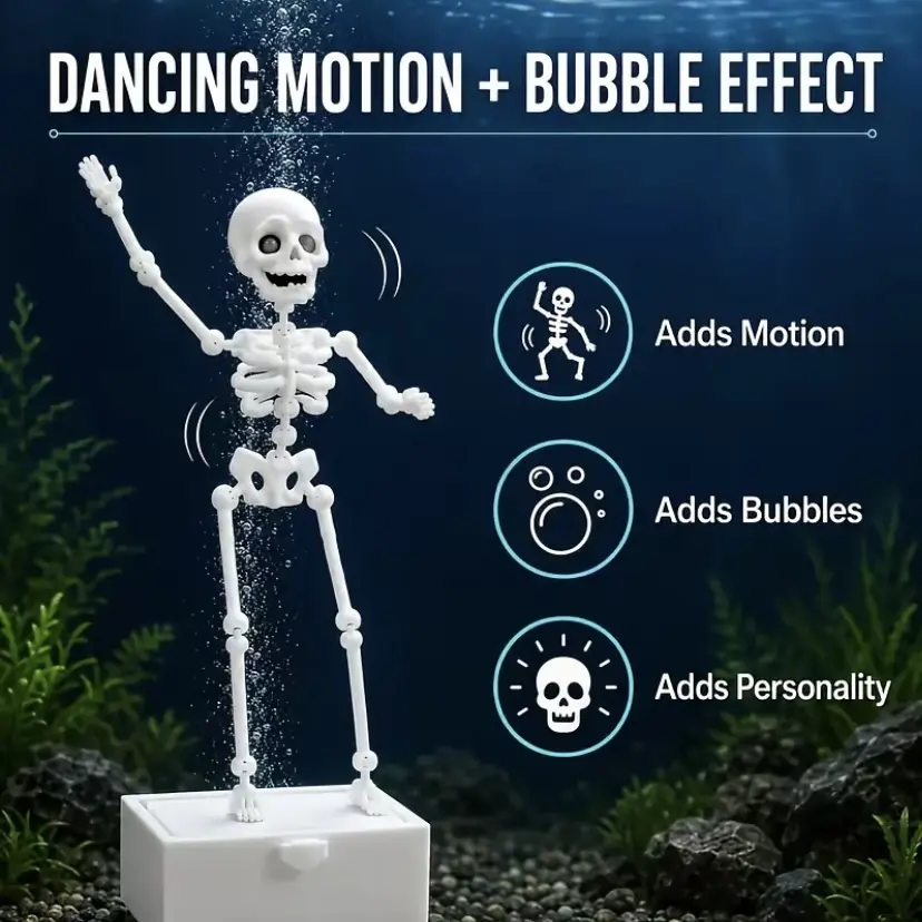 2 pieces 3D printed dancing skeleton aquarium decorations, with suction cup base and air tube, bubble-powered fish tank ornaments, Halloween aquarium scene props