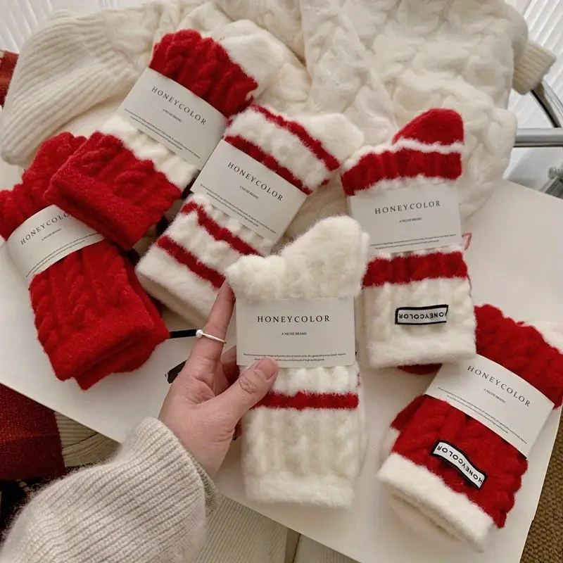 Women's 5-Pair Thick Cashmere-Blend Calf High Stripe Crew Socks - Cozy Thermal Velvet, One Size Fits No Additional Sizing Adjustments for Winter