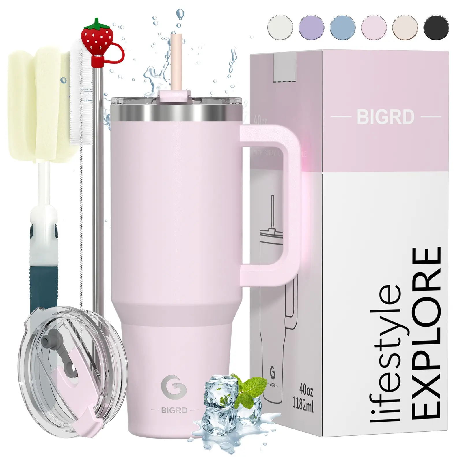 BIGRD Insulated Coffee Cup Travel Mug Thermal Mug Thermo Tumbler with Handle and Straw 40oz,Stainless Steel Double Wall Vacuum Flasks Leak Proof Water Bottle for Cold Hot 1.2L Insulated Cups