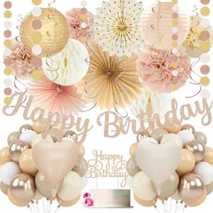 Champagne-Gold Beige Birthday Decorations for Women Girls,Cream Neutral Balloons Décor,Happy Banner,Boho Peach Paper Lanterns Tissue Pom Poms Fan,Anniversary Princess Backdrop Party Supplies Vztipki