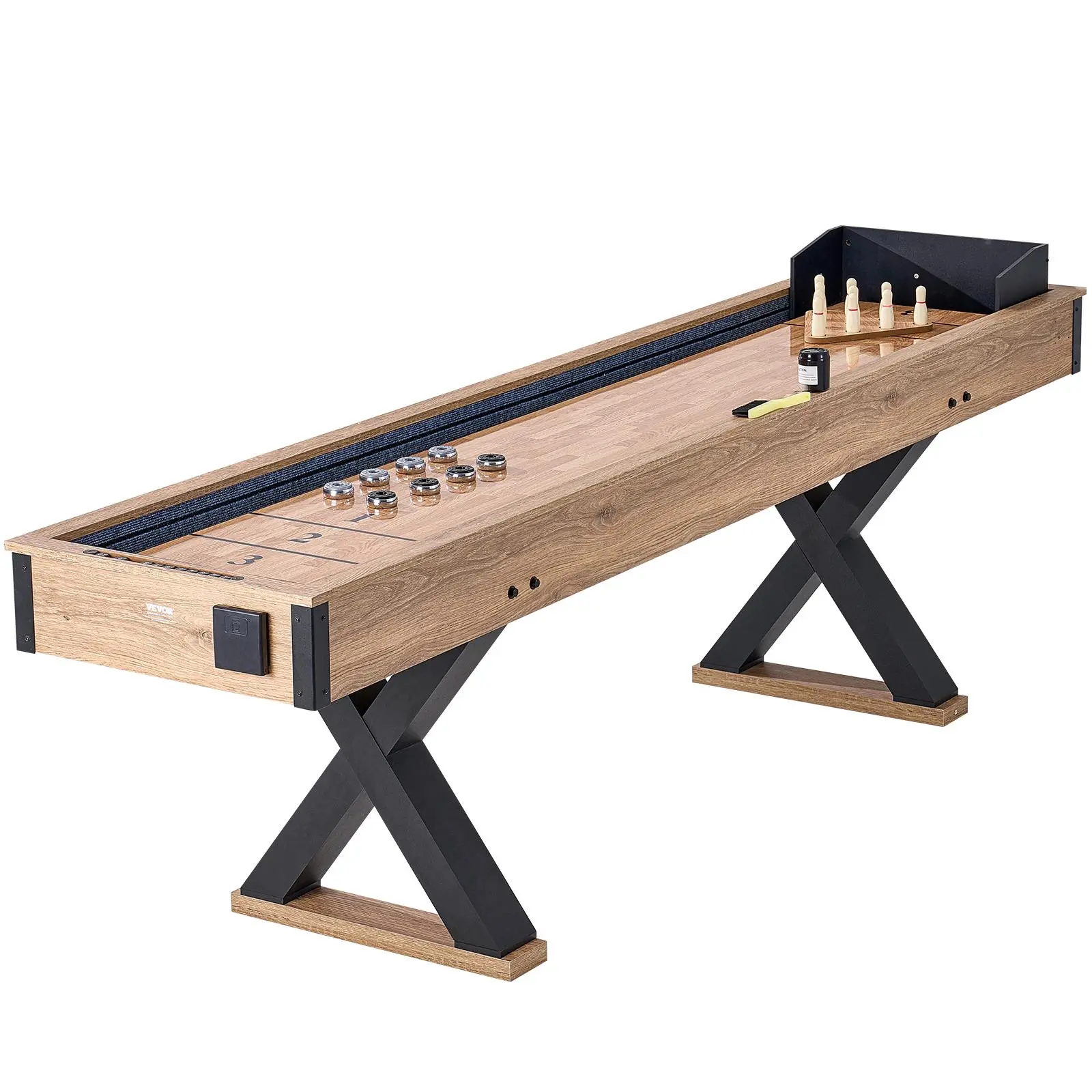 【SummerFinds】VEVOR Shuffleboard Table,  9 ft Shuffleboard for Family Game Rooms, 2 in 1 Shuffleboard and Bowling Combo Game Set, with Scratch-Resistant Playfield, Legs, 8 Pucks, Bowling Set, Wax, and Table Brush