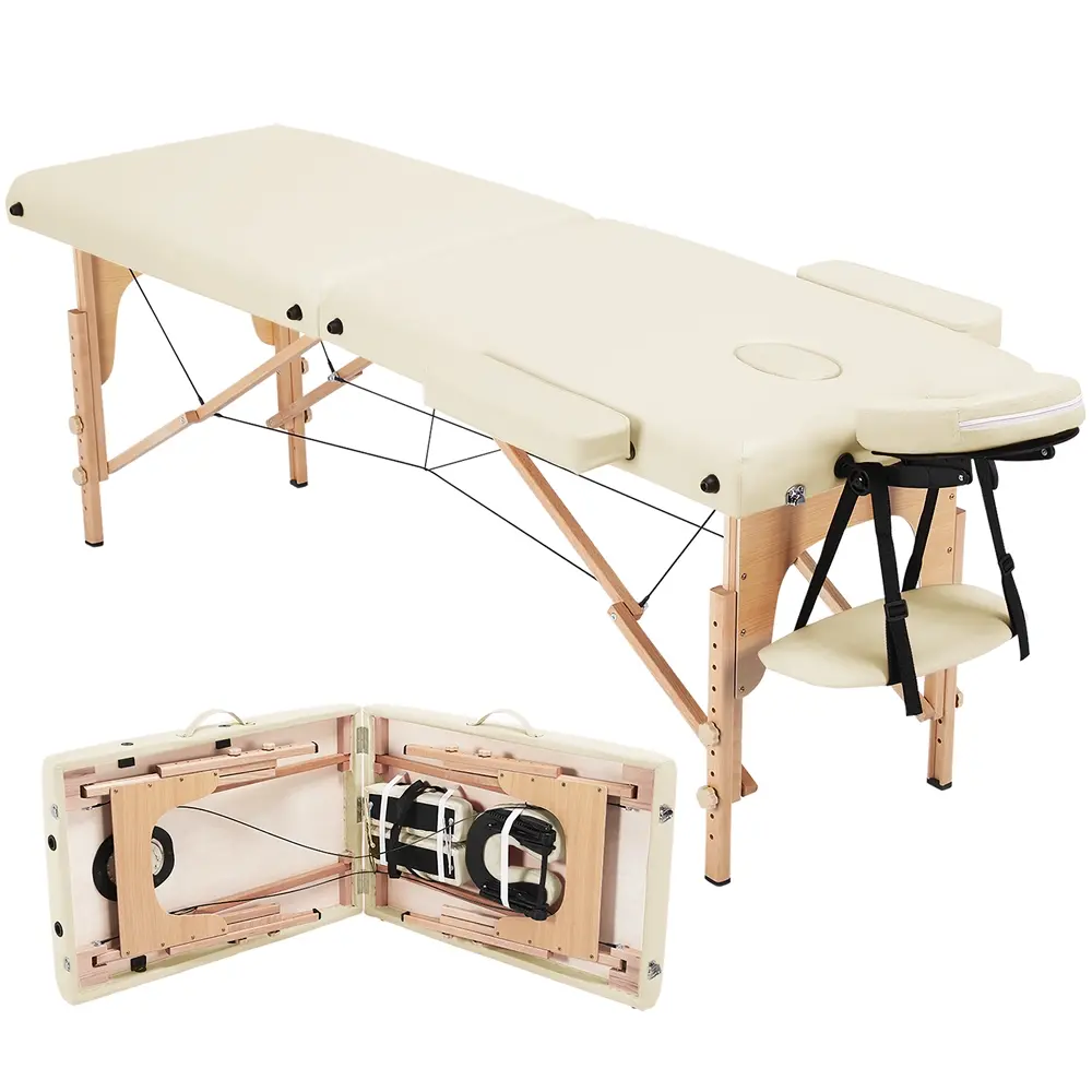 Costoffs Sturdy Wood Foam Massage Bed - Nail Salon Furniture, 2-3 Section Foldable Spa Table with Headrest, Adjustable Portable Armrest, Hand Pallet & Storage for Eyelash Technicians